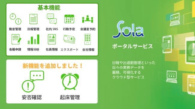 出退勤管理「Solaポータルサービス」、起床管理機能と安否確認機能を追加